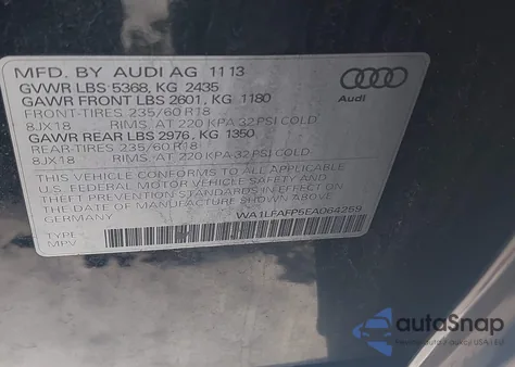 2014 Audi Q5 2.0T Premium from USA, damaged, VIN WA1LFAFP5EA064259